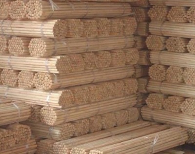 Bundles of wood dowels on pallets.