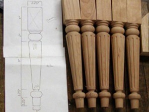 Custom wood table legs, precision-crafted based on a customer’s drawings for furniture projects.