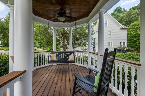 Wood structural columns on an outdoor porch.