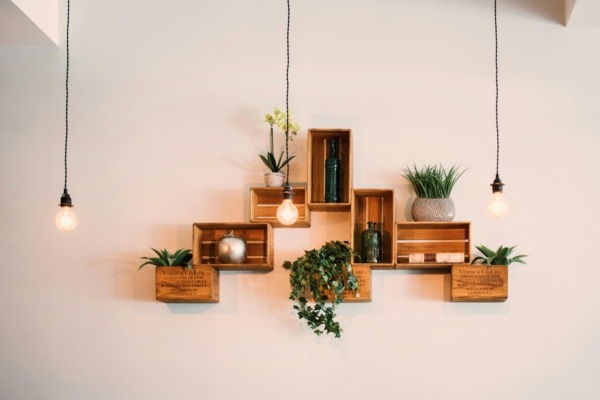 Wood crates mounted on wall.